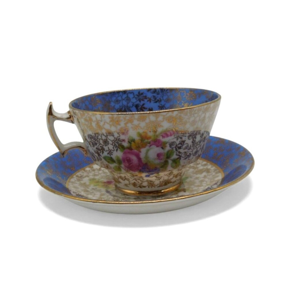 PHOENIX Floral Tea Cup & Saucer Set Gold Gilt Blue Interior England Vintage